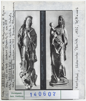 Vorschaubild Vergleich: links Hl. Katharina aus St. Egidien. Dresden, Altertumsmuseum. rechts Meister H.W., Madonna von Calbitz bei Oschatz 